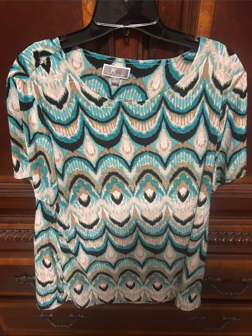JM Collection Teal, Black & Cream Geometric Short Sleeve Top